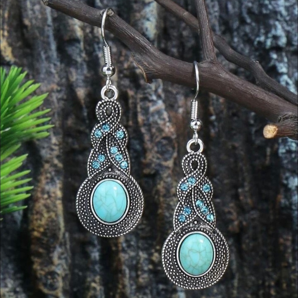 BOGO New Turquoise Antique Silver Tone Blue Crystal Water Drop Dangling Earrings